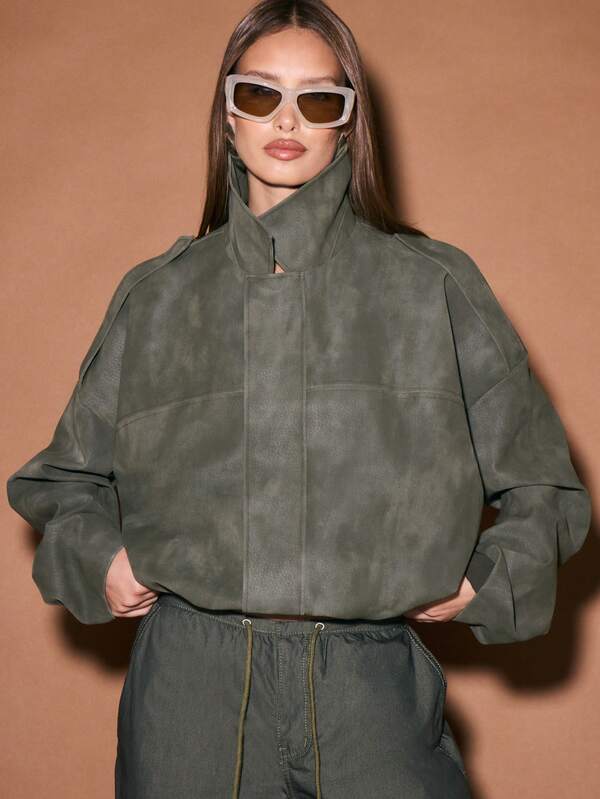 KIZN Oversized Khaki Suede Utility Coat With Stand Collar And Zip Closure Winter Outerwear