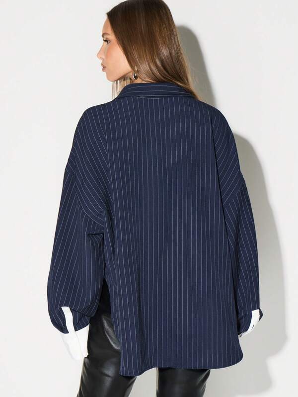 KIZN Oversized Pinstripe Button Down Shirt For Office Professional Casual Collared Blouse