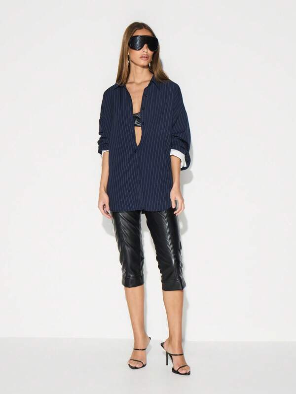 KIZN Oversized Pinstripe Button Down Shirt For Office Professional Casual Collared Blouse