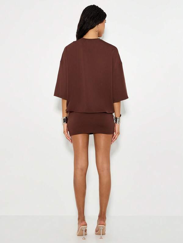 KIZN Oversized Studded T Shirt Mini Dress Long Belt Casual Fall Brown Batwing Sleeve Slouchy Studded Belt Autumn Party Night Out Clubwear