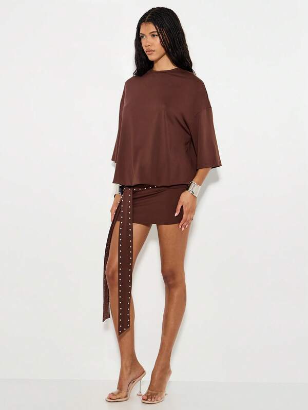 KIZN Oversized Studded T Shirt Mini Dress Long Belt Casual Fall Brown Batwing Sleeve Slouchy Studded Belt Autumn Party Night Out Clubwear