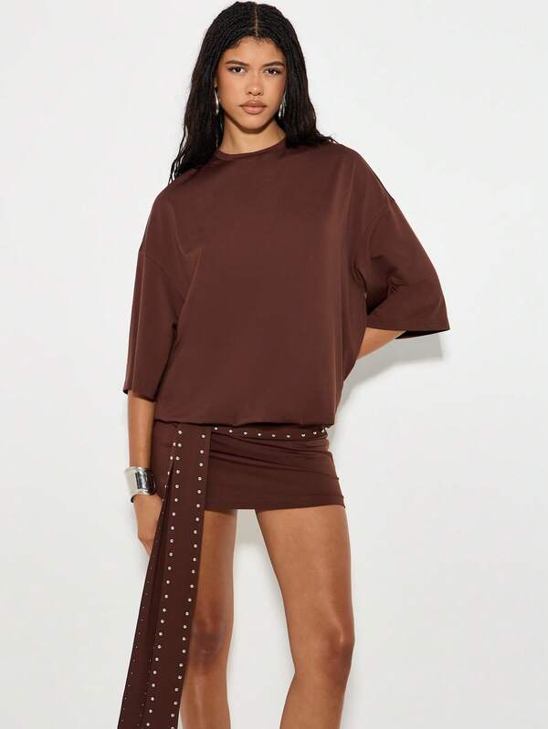KIZN Oversized Studded T Shirt Mini Dress Long Belt Casual Fall Brown Batwing Sleeve Slouchy Studded Belt Autumn Party Night Out Clubwear