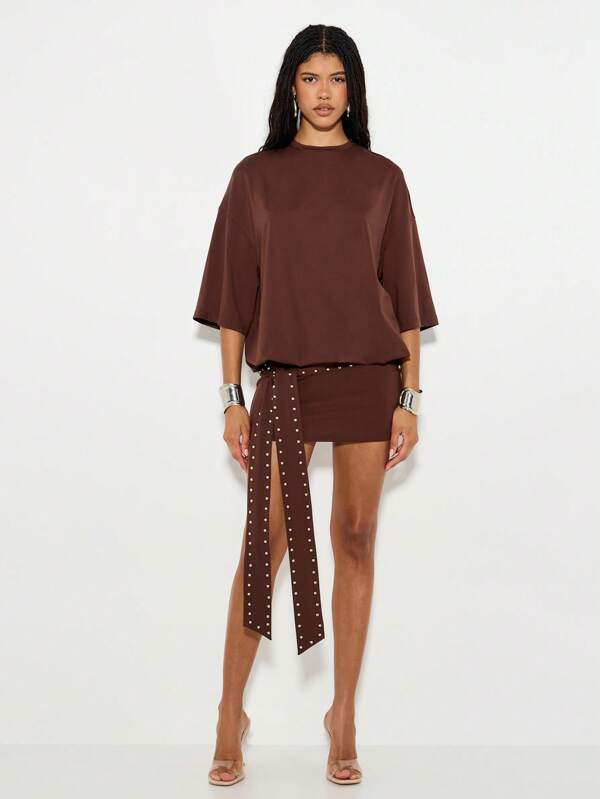 KIZN Oversized Studded T Shirt Mini Dress Long Belt Casual Fall Brown Batwing Sleeve Slouchy Studded Belt Autumn Party Night Out Clubwear