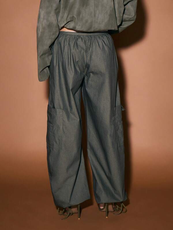 KIZN Relaxed Wide Leg Utility Cargo Pants With Drawstring Waist Elasticated Hem Military Street Style