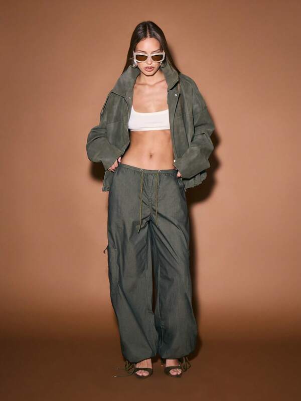 KIZN Relaxed Wide Leg Utility Cargo Pants With Drawstring Waist Elasticated Hem Military Street Style