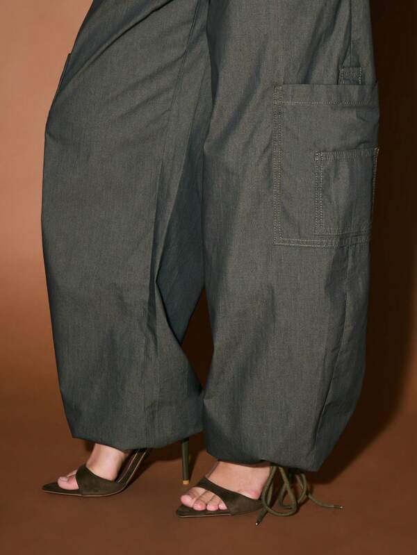 KIZN Relaxed Wide Leg Utility Cargo Pants With Drawstring Waist Elasticated Hem Military Street Style