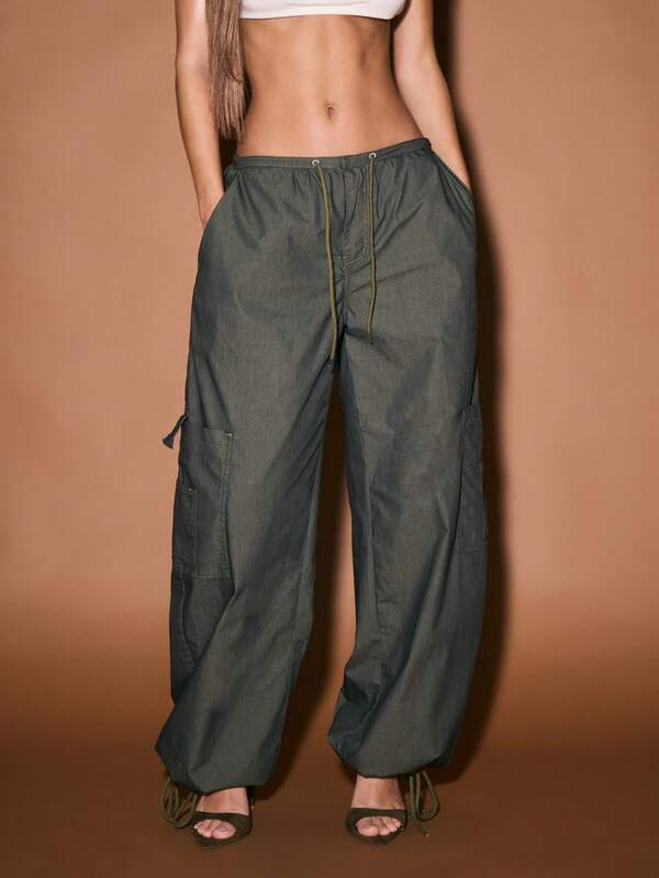 KIZN Relaxed Wide Leg Utility Cargo Pants With Drawstring Waist Elasticated Hem Military Street Style