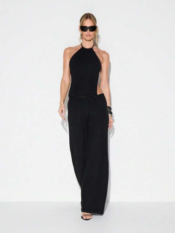 KIZN Ribbed Knit Halter Top With Back Tie Details For Summer Club Nights