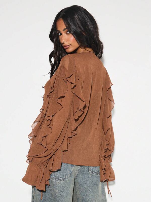KIZN Ruffled Long Sleeve Chiffon Blouse V Neck Lace Up Front Boho Peasant Top Layered Ruffle Detail Fall Party Evening Occasion Wear