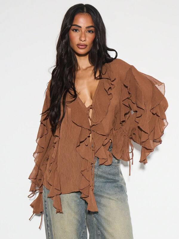 KIZN Ruffled Long Sleeve Chiffon Blouse V Neck Lace Up Front Boho Peasant Top Layered Ruffle Detail Fall Party Evening Occasion Wear