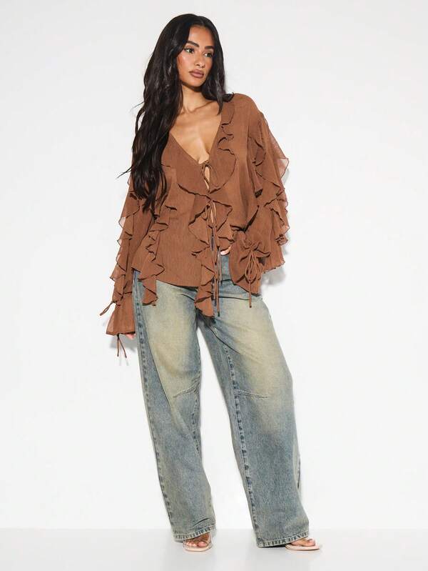 KIZN Ruffled Long Sleeve Chiffon Blouse V Neck Lace Up Front Boho Peasant Top Layered Ruffle Detail Fall Party Evening Occasion Wear