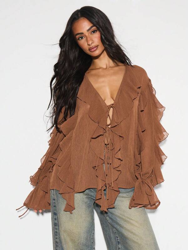 KIZN Ruffled Long Sleeve Chiffon Blouse V Neck Lace Up Front Boho Peasant Top Layered Ruffle Detail Fall Party Evening Occasion Wear