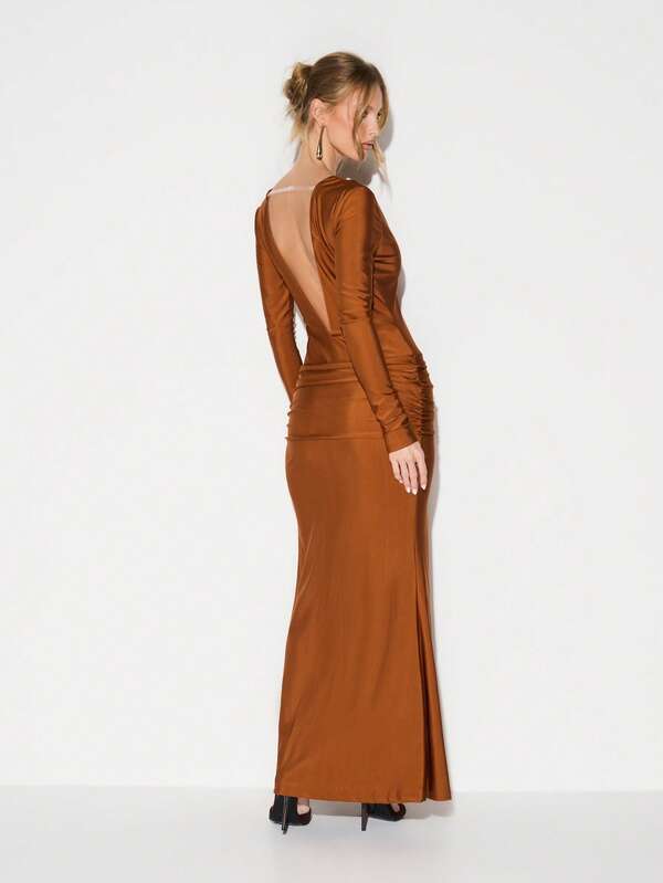 KIZN Rust Plunge Neckline Long Sleeve Ruched Side Slit Bodycon Maxi Dress Evening Formal Cocktail Party