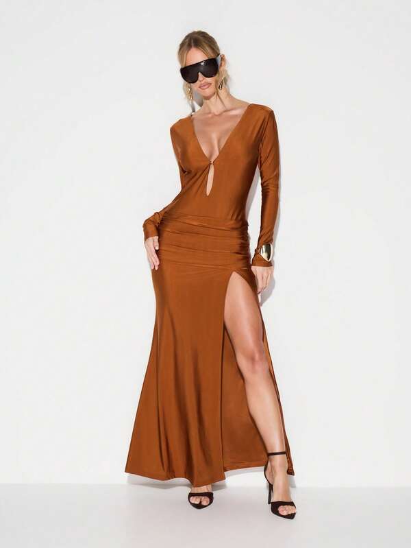 KIZN Rust Plunge Neckline Long Sleeve Ruched Side Slit Bodycon Maxi Dress Evening Formal Cocktail Party