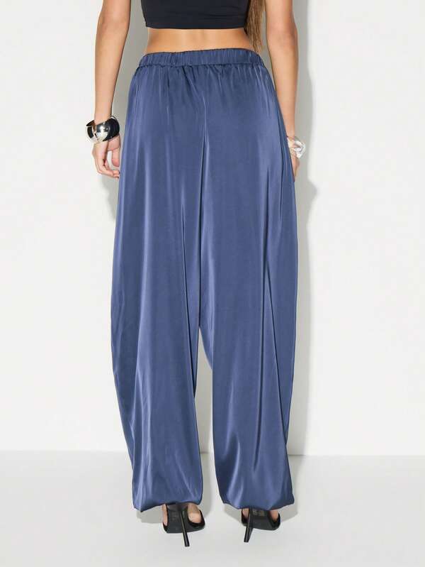 KIZN Satin Balloon Jogger Pants High Rise Loose Fit Wide Leg Casual Sweatpants With Pockets