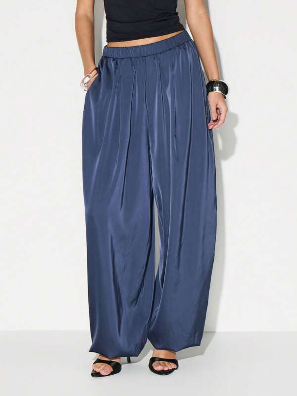 KIZN Satin Balloon Jogger Pants High Rise Loose Fit Wide Leg Casual Sweatpants With Pockets