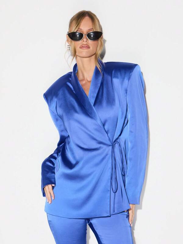 KIZN Satin Blazer Wrap Style Long Sleeve Formal Business Professional Office Workwear Sophisticated Evening Dinner Party Jacket