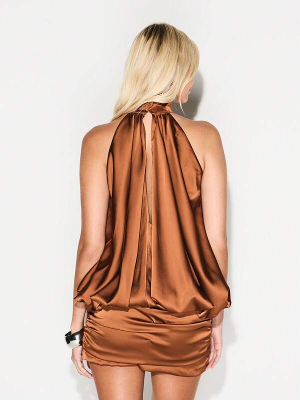 KIZN Satin Halter Neck Mini Dress Sleeveless Bodycon Party Cocktail Evening Formal Occasion Copper Bronze