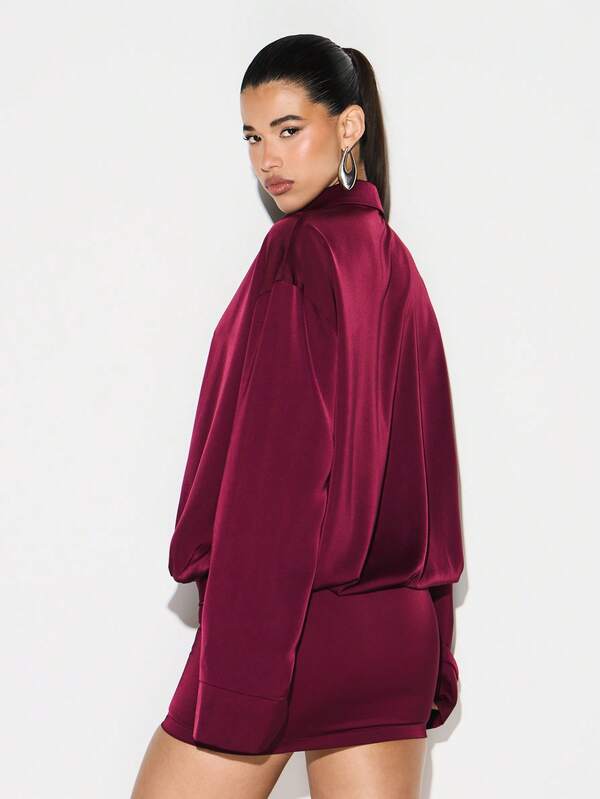 KIZN Satin Wrap Mini Dress With Long Sleeves And Plunging Neckline For Party Evening Cocktail Occasions