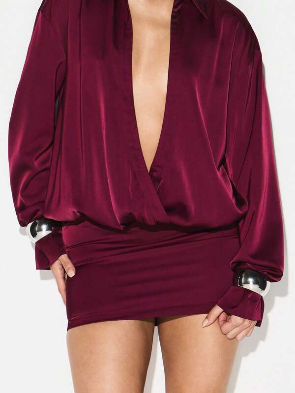 KIZN Satin Wrap Mini Dress With Long Sleeves And Plunging Neckline For Party Evening Cocktail Occasions