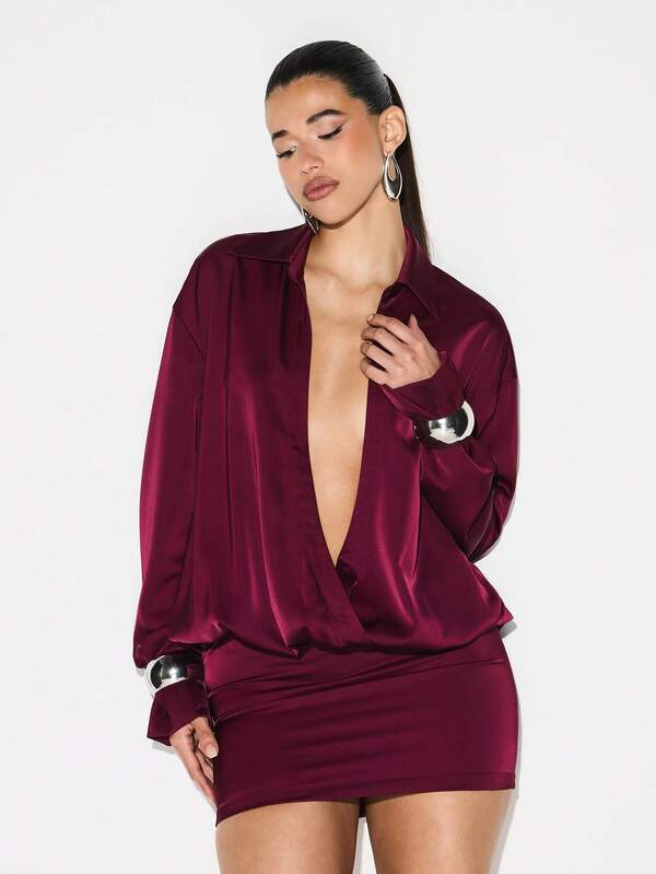 KIZN Satin Wrap Mini Dress With Long Sleeves And Plunging Neckline For Party Evening Cocktail Occasions