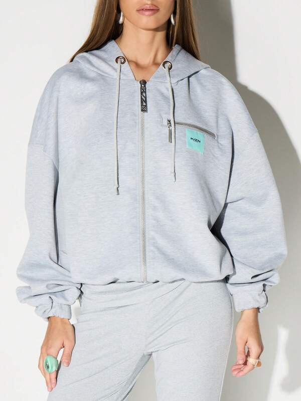 KIZN Scuba Style Oversized Zip Through Hoodie With Drawstring And Shoulder Pad Details Casual Streetwear