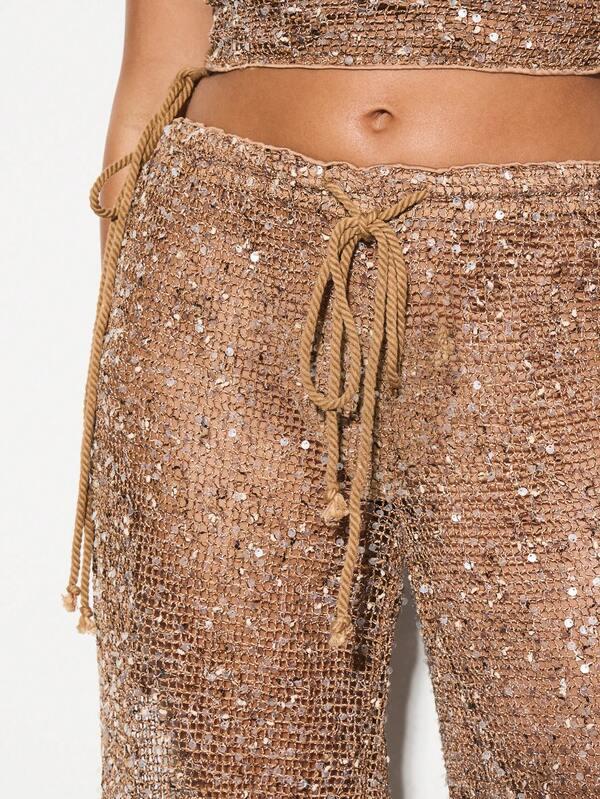 KIZN Sequin Crochet Crop Bandeau Top And Palazzo Pants Festival Party Evening Co Ord Set Lace Up Side Detail Night Out Holiday Resort Wear