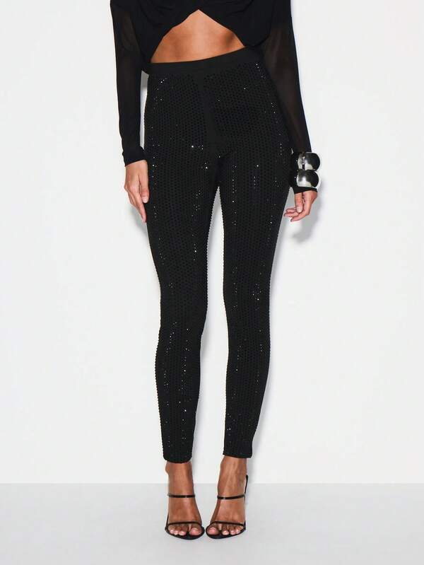 KIZN Sequin Embellished High Waisted Fitted Leggings For Evening Party Occasions