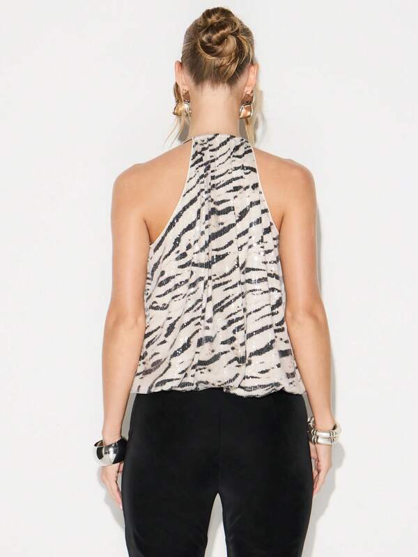 KIZN Sequin Zebra Print Halter Neck Bodysuit With Deep Plunge Neckline For Evening Party Cocktail Club Occasions