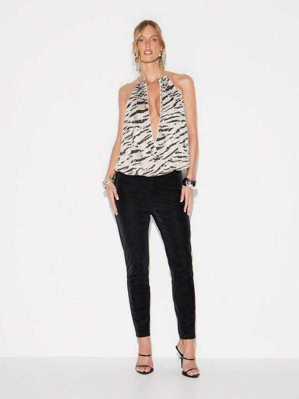KIZN Sequin Zebra Print Halter Neck Bodysuit With Deep Plunge Neckline For Evening Party Cocktail Club Occasions