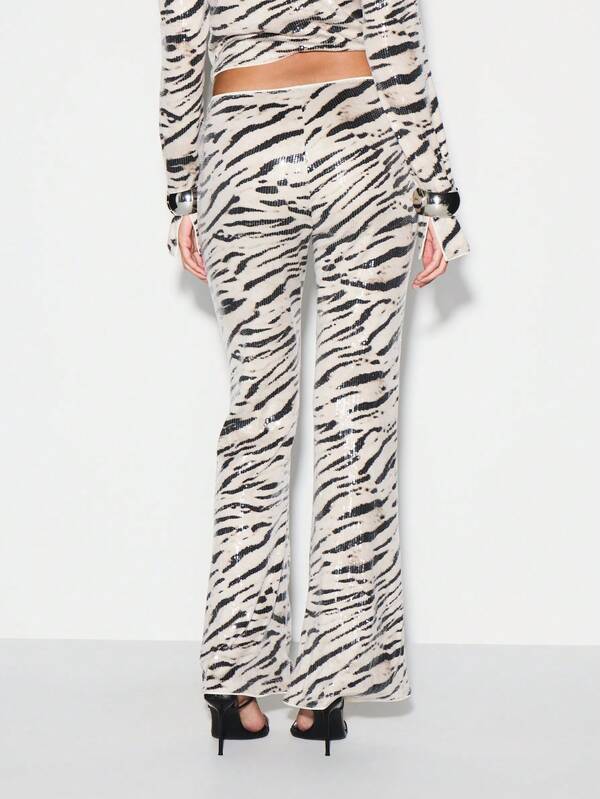 KIZN Sequin Zebra Print High Rise Flare Trousers With Puddle Hem For Evening Parties