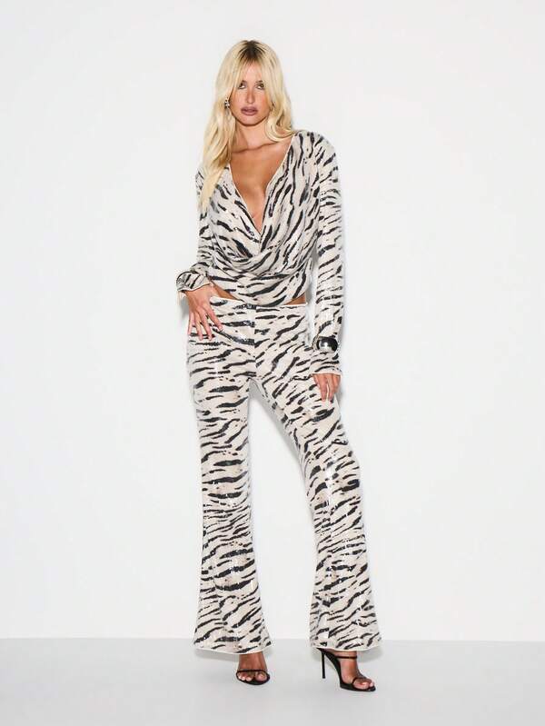 KIZN Sequin Zebra Print High Rise Flare Trousers With Puddle Hem For Evening Parties