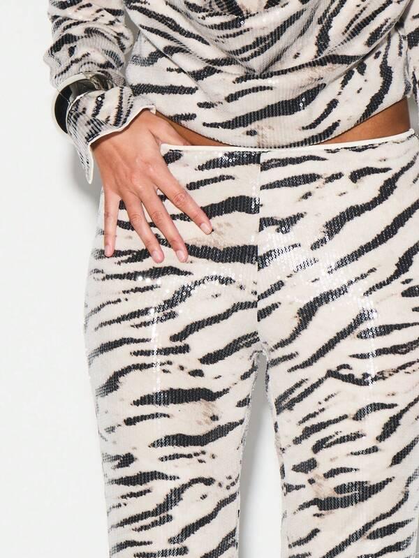 KIZN Sequin Zebra Print High Rise Flare Trousers With Puddle Hem For Evening Parties