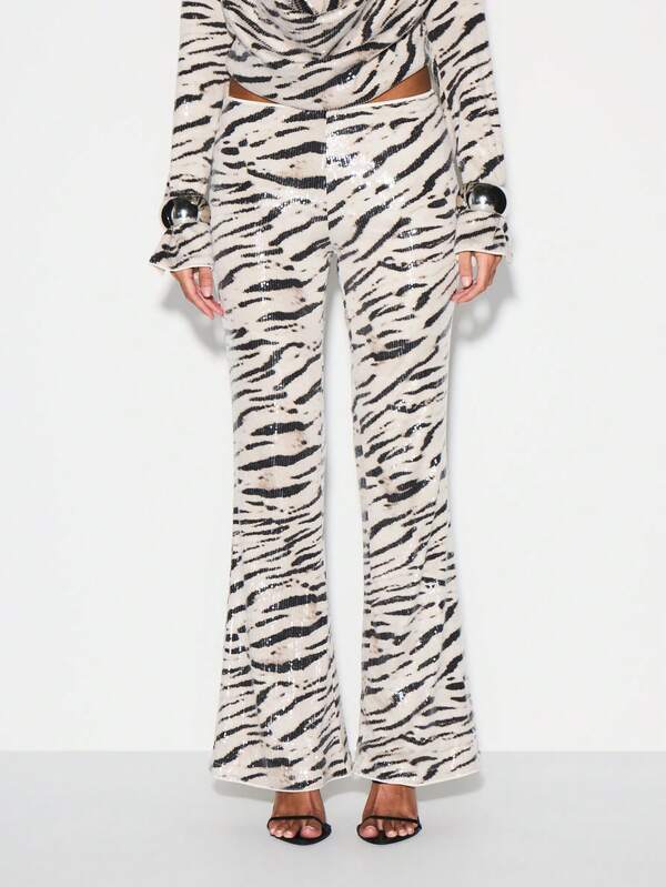 KIZN Sequin Zebra Print High Rise Flare Trousers With Puddle Hem For Evening Parties