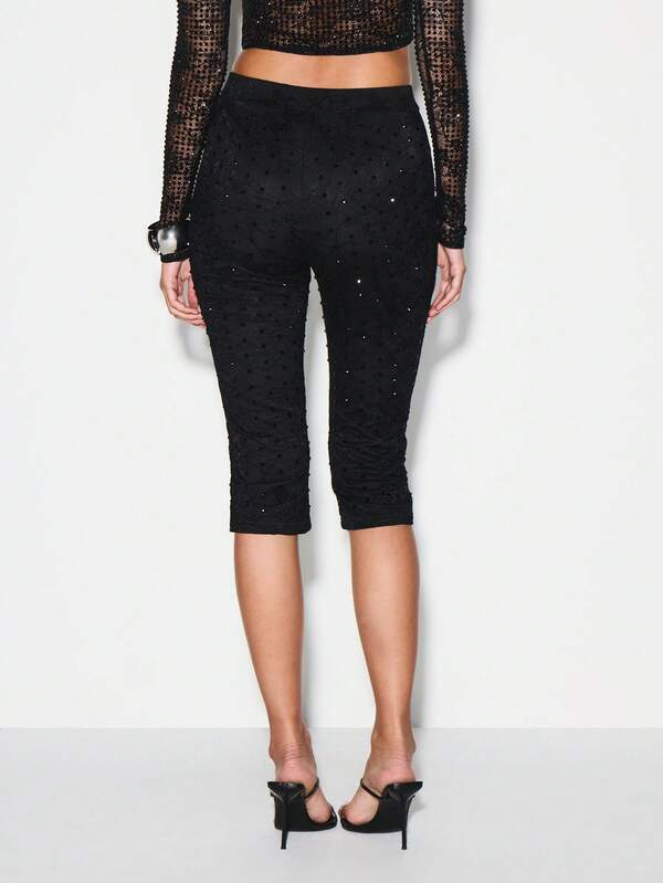 KIZN Sequined Lace Capri Leggings For Evening Party Cocktail Club Outfits Dressy Occasion Wear