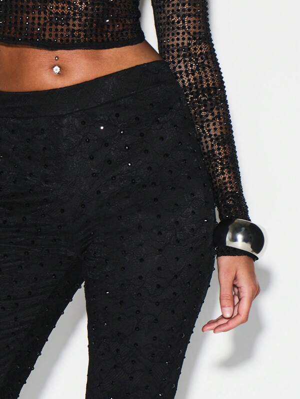 KIZN Sequined Lace Capri Leggings For Evening Party Cocktail Club Outfits Dressy Occasion Wear