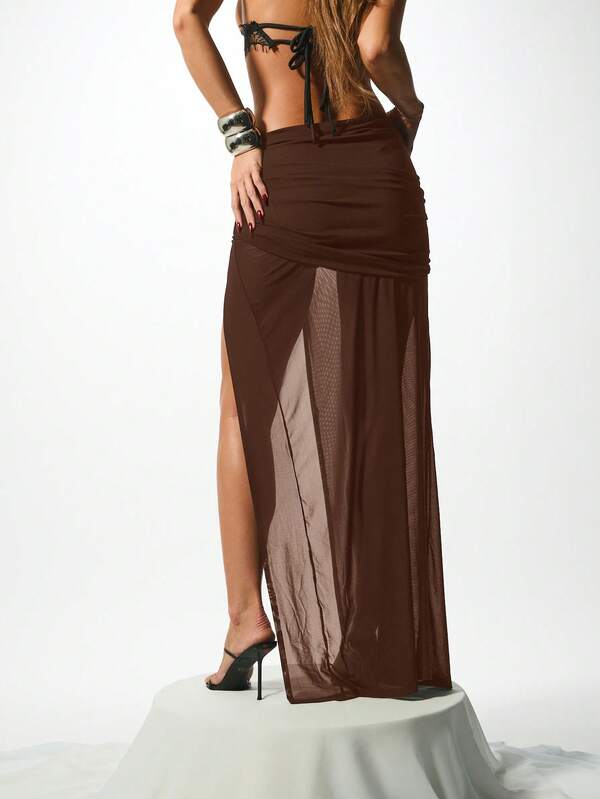 KIZN Sheer Mesh Draped Maxi Skirt With High Side Slit Ruched Waist Floor Length Evening Party Skirt