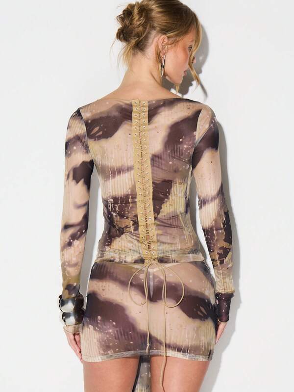 KIZN Sheer Mesh Long Sleeve Bodycon Top With Lace Up Back Detail And Tie Dye Print For Festival Clubwear