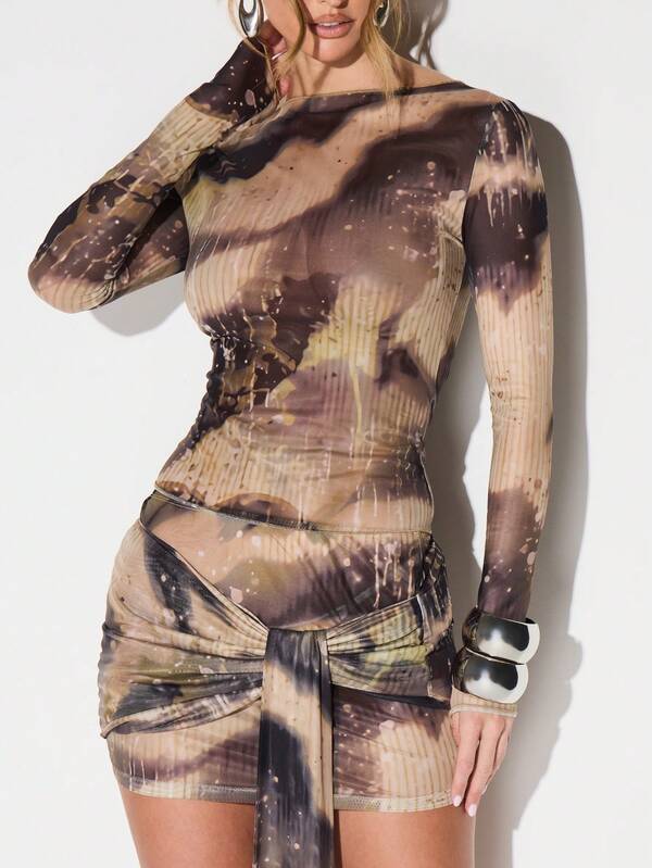 KIZN Sheer Mesh Long Sleeve Bodycon Top With Lace Up Back Detail And Tie Dye Print For Festival Clubwear