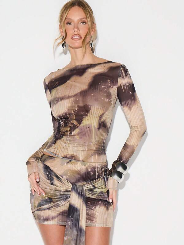 KIZN Sheer Mesh Long Sleeve Bodycon Top With Lace Up Back Detail And Tie Dye Print For Festival Clubwear