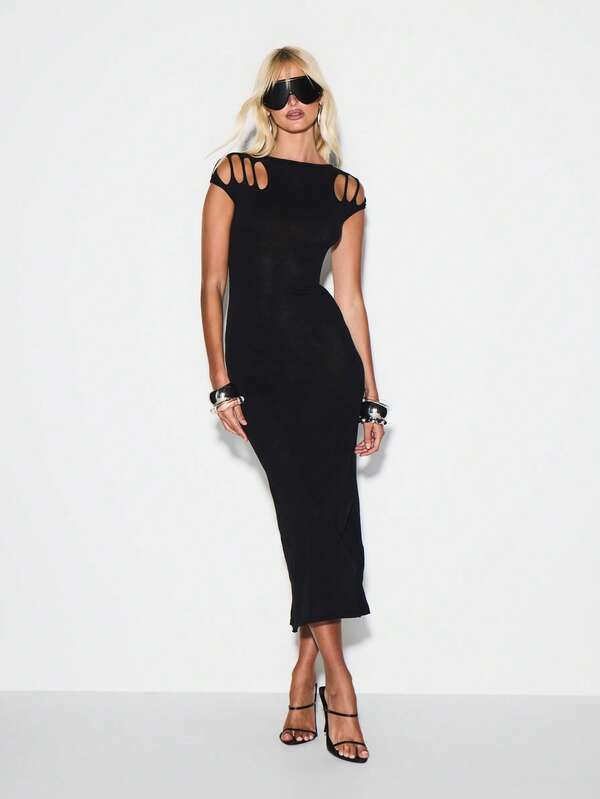KIZN Sleeveless Bodycon Midi Dress With Cut Out Shoulder Details And Open Back Design For Party Occasions