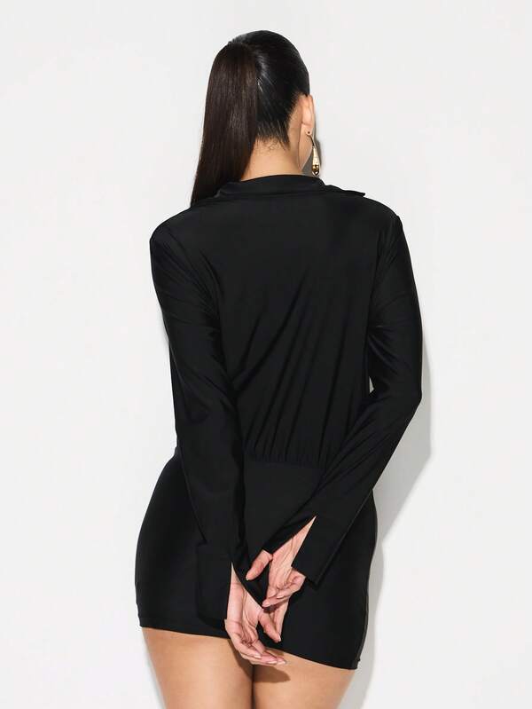 KIZN Slinky Long Sleeve Deep Plunge Cowl Neck Bodycon Mini Dress Evening Party Cocktail