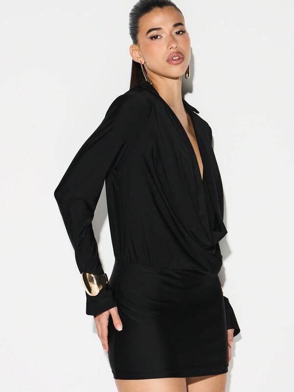 KIZN Slinky Long Sleeve Deep Plunge Cowl Neck Bodycon Mini Dress Evening Party Cocktail