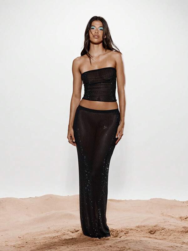 KIZN Sparkle Mesh Corset Style Tube Top Bustier Evening Party Club Night Out Festival Fashion Strapless Design With Glitter Details