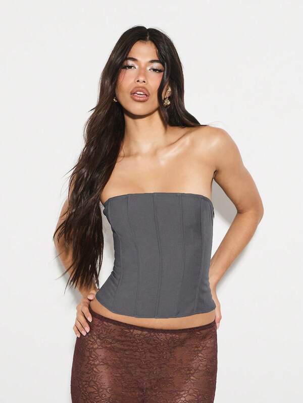 KIZN Strapless Bustier Corset Top With Lace Up Back Detail For Evening Party Occasions