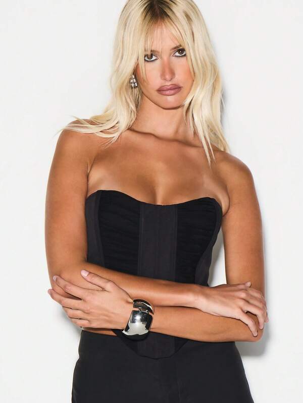 KIZN Strapless Ruched Mesh Corset Top With Sweetheart Neckline For Evening Party Clubwear