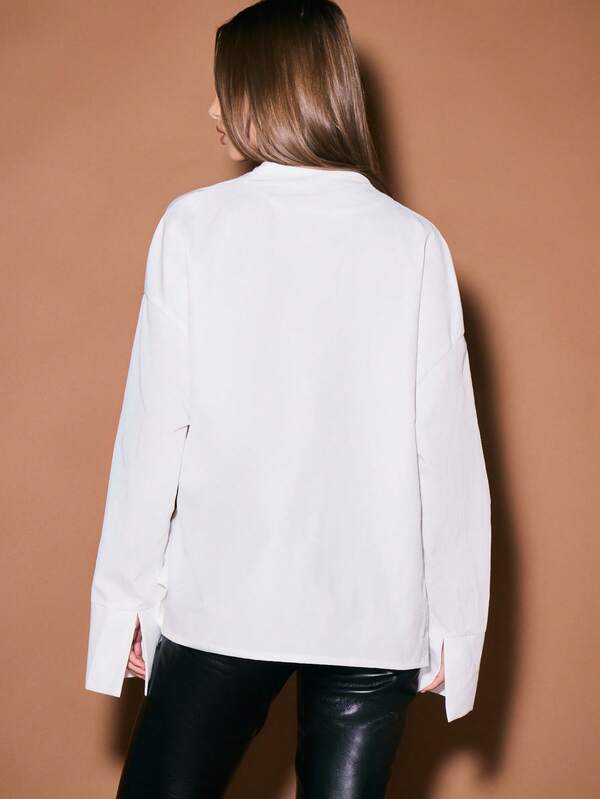 KIZN Structured Belt Detail Wrap Front Blouse Long Sleeve Professional Office Workwear