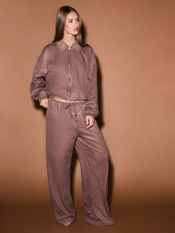 KIZN Suede Zip Front Collared Bomber Jacket Long Sleeve Cropped Outerwear Fall Winter