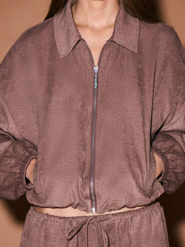 KIZN Suede Zip Front Collared Bomber Jacket Long Sleeve Cropped Outerwear Fall Winter