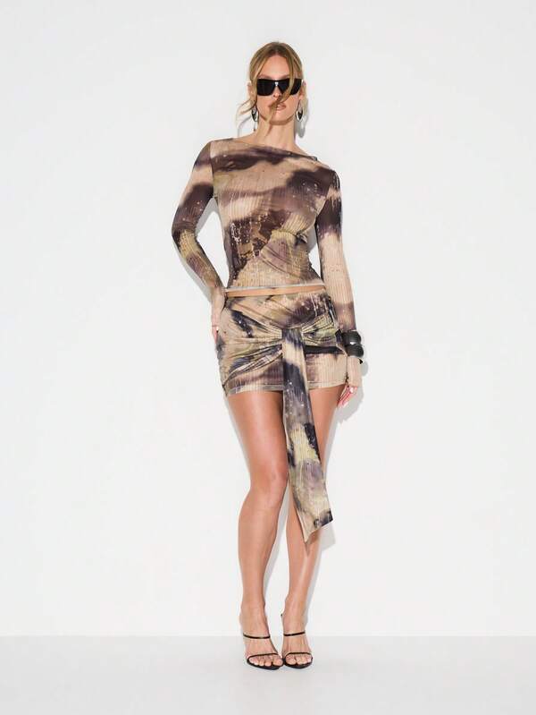 KIZN Tie Dye Print Mini Skirt With Side Tie Detail Festival Rave Party Bodycon Wrap Style